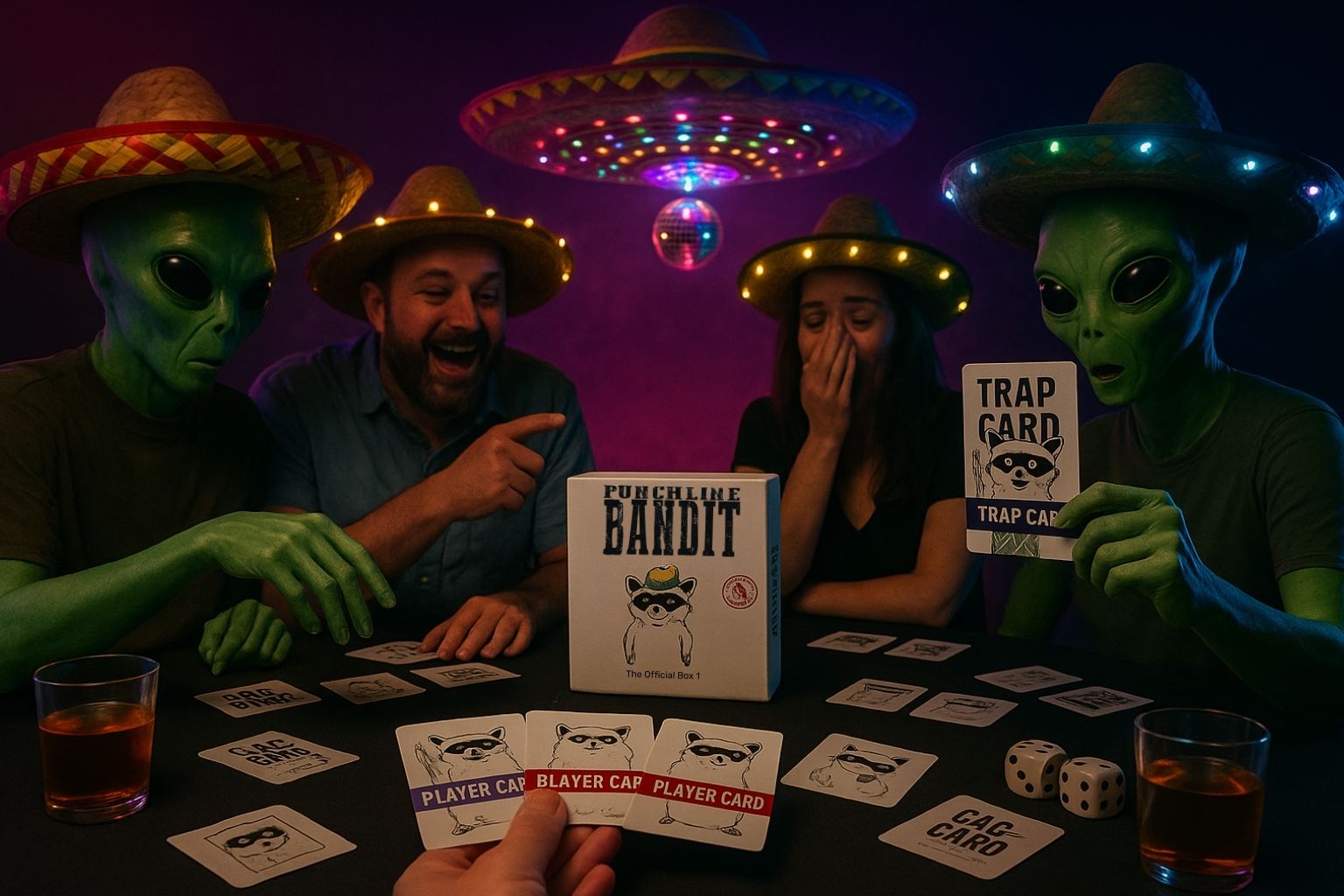 Group of people playing a card game with alien-themed cards and a 'Peculiar Bandit' box in a dimly lit room.