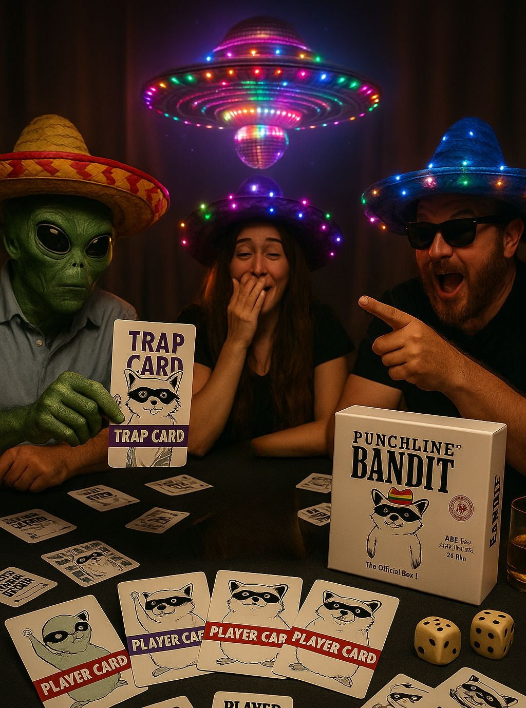 People playing a card game with 'Punchline Bandit' cards and a colorful UFO light in the background.